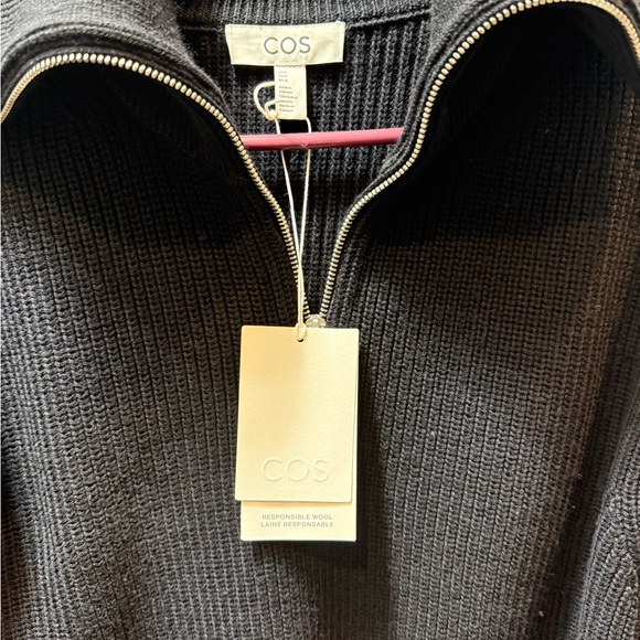 COS cotton/ wool blend cable Knit Women's 1/2 zipper Sweater in Black SZ M NWT - Picture 2 of 9